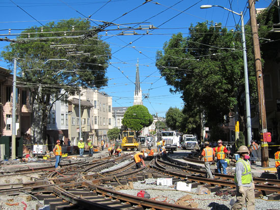 By Monday, the new track had been laid and workers were testing the width of the gauge.