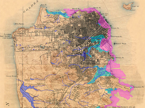 A visualization of the former San Francisco watershed, with street map overlayed. 