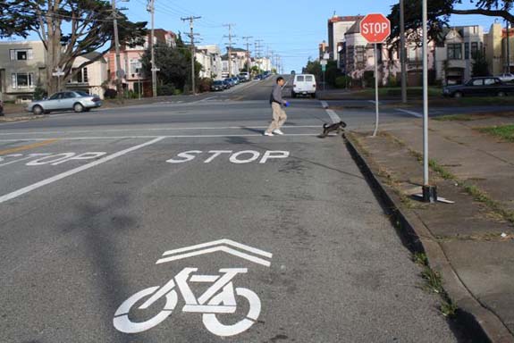 The bike lanes also turn into sharrows at Sunset Boulevard. 