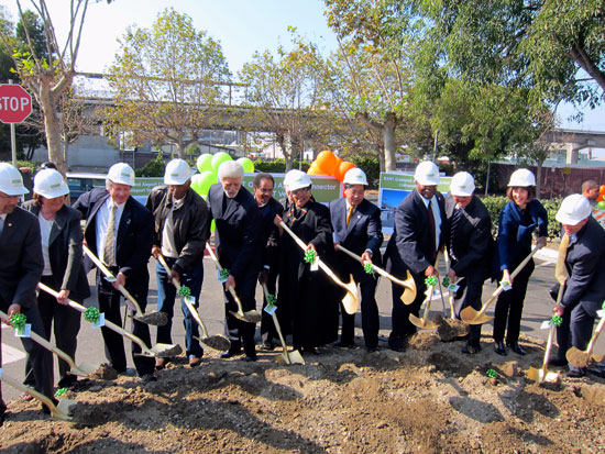 Most of the elected officials in the East Bay (and San Francisco BART Board member James Fang) cast the ceremonial shovels of dirt for the Oakland Airport Connector. Photos: Matthew Roth