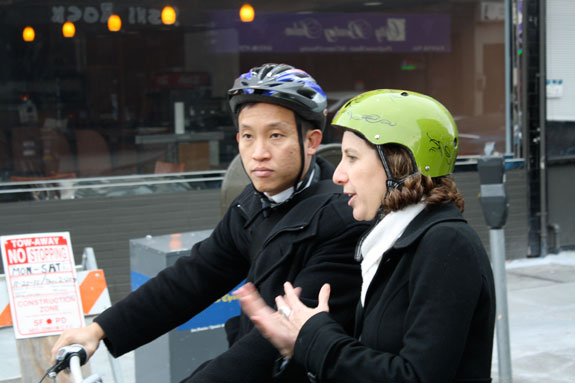 Board of Supervisors and Acting Mayor David Chiu took a bike ride to City Hall with some advocates this morning. On right is SFBC Executive Director Leah Shahum, back from her sabbatical in Amsterdam. Photo: Bryan Goebel 