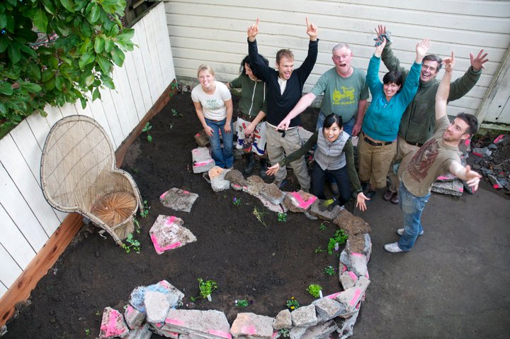 Wigg Party members celebrate a successful Backyard Gardens Work Party. Photo: Jenny Sherman 