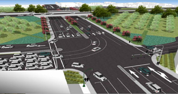 El Camino Real facing north at one of two new signalized intersections on either side of a reconstructed Highway 92 interchange in San Mateo. Image: Caltrans
