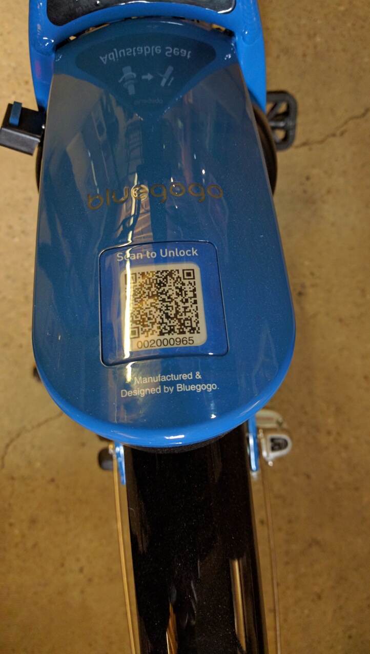 The bike is rented by scanning in the QR code on the rear fender and front stem. Photo: Streetsblog