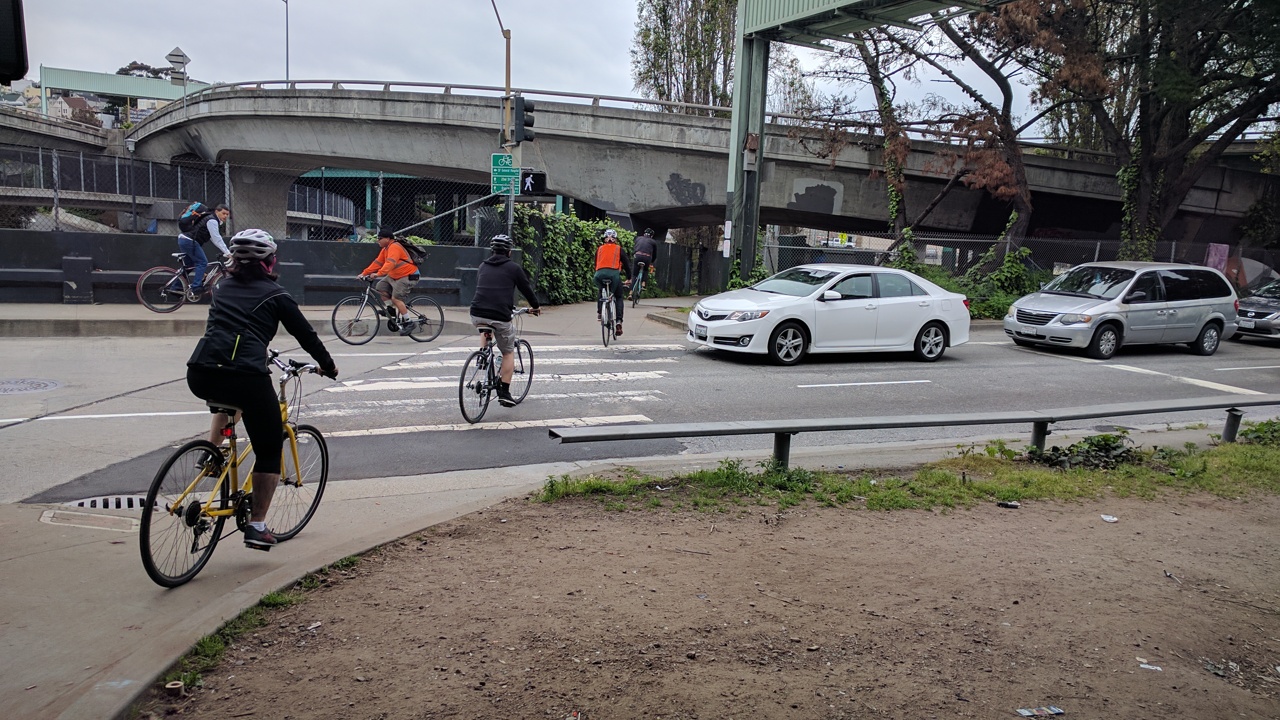 Even when cars don't block the Hariball crosswalk, they almost always overshoot the stop line. Let's try putting the signal on the near side of the crosswalk so motorists lose sight of it if they overshoot the line. Photo: Streetsblog/Rudick