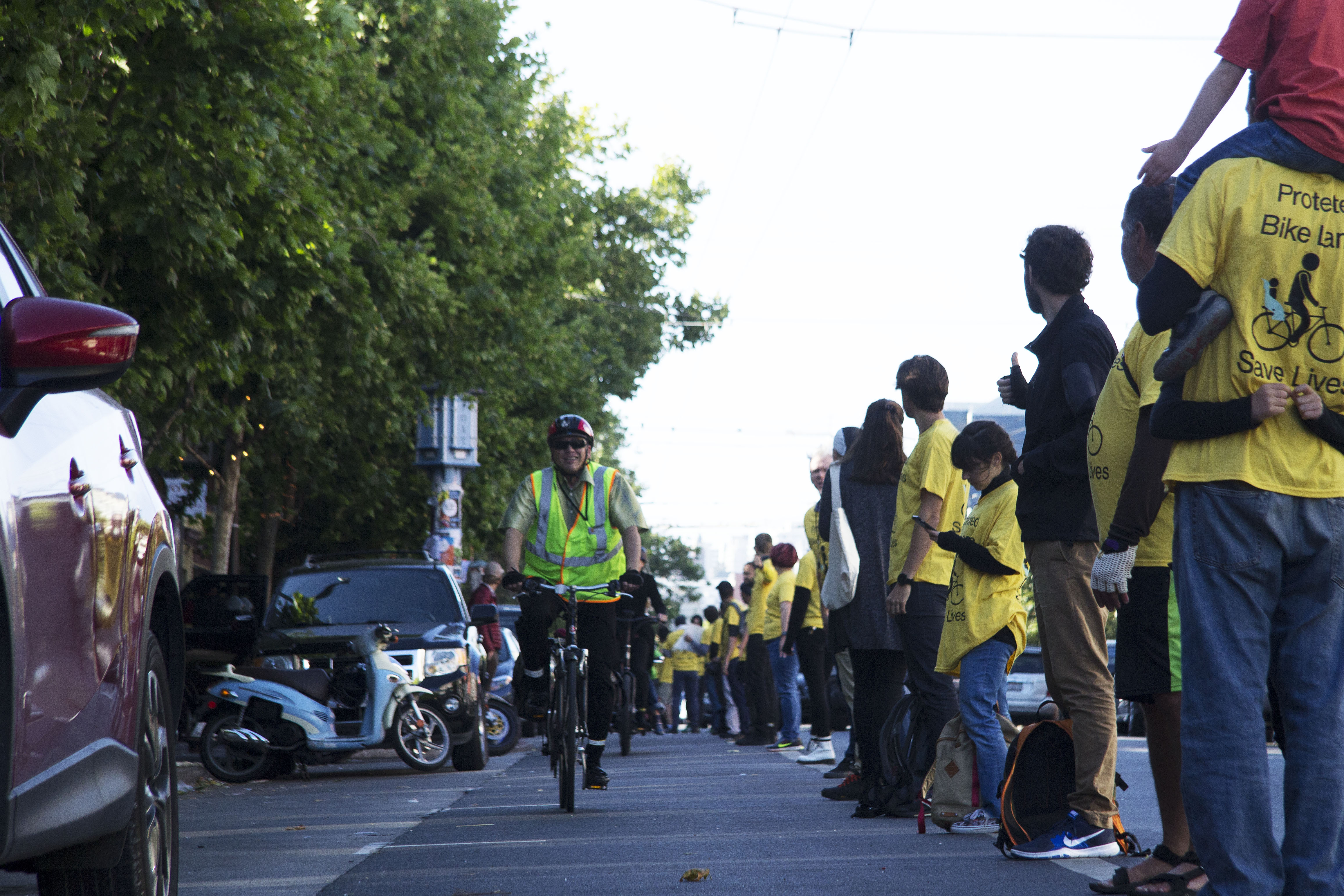 Looking north during one of last year's people-protected bike lane protests on Valencia, between 16th and 17th. Photo by Brandon Splane