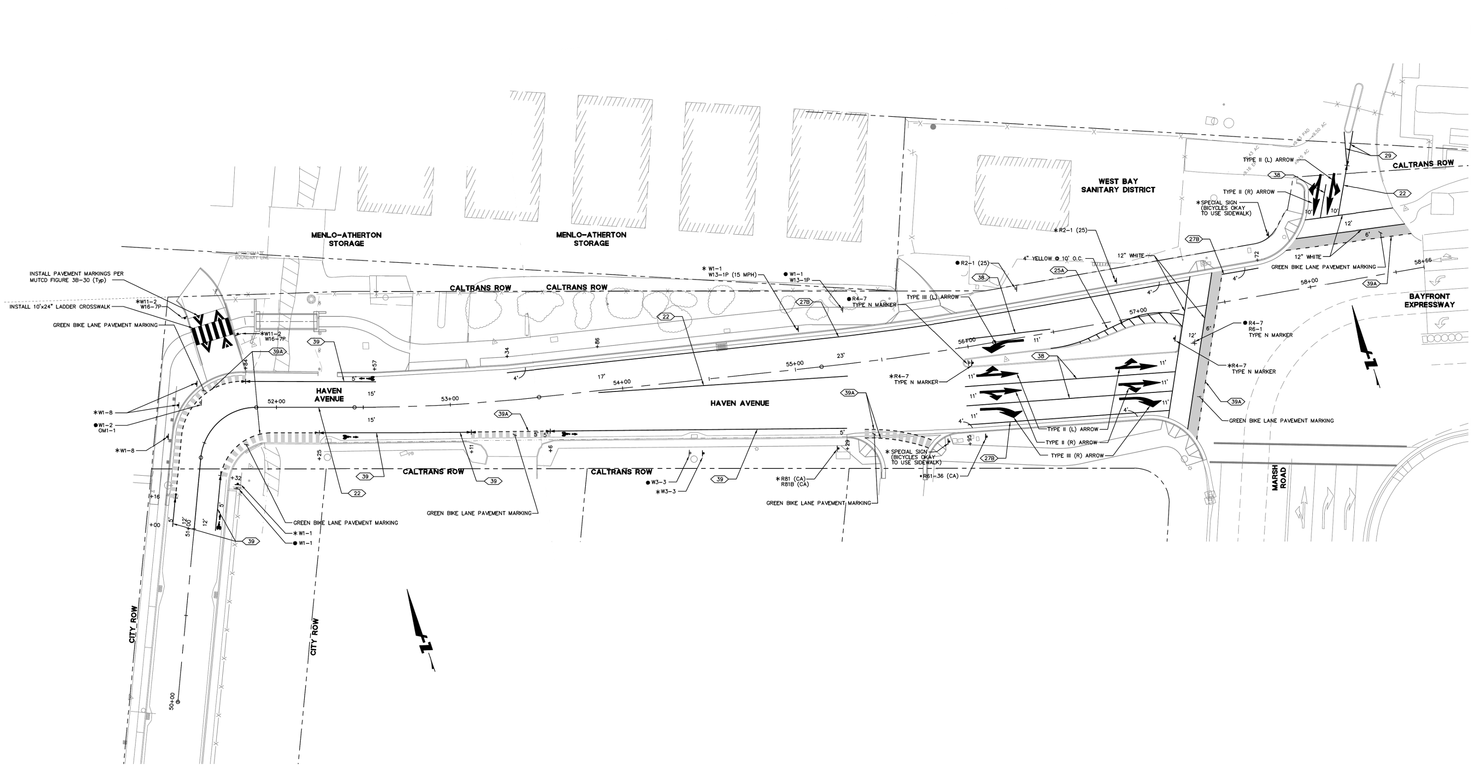Menlo Park's design for Haven Avenue include only 5-foot wide bike lanes, and no bike lanes at all in the westbound direction. Image: City of Menlo Park