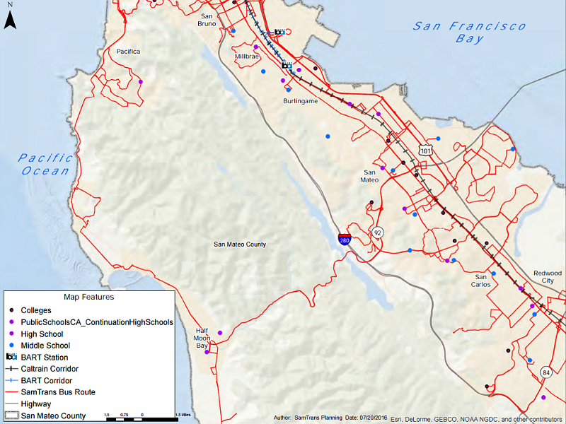 Most public middle and high schools in San Mateo County are served by at least one SamTrans bus route. Buses reach all three of the county's community colleges. Image: SamTrans
