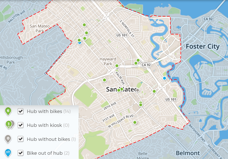 San Mateo's 50 bike share bikes are currently spread between 15 stations throughout the city. Image: Bay Bikes