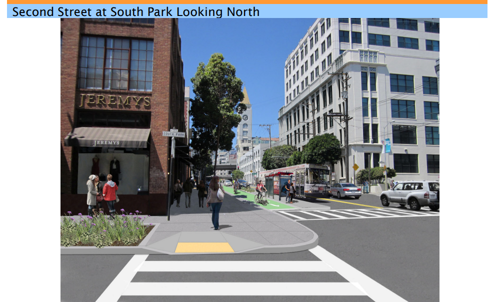 Second Street Looking North. Protected bike lanes and bus boarding islands and phased signals are all great, but why does the bike lane still drop out at intersections?