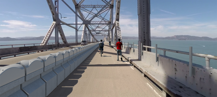 A rendering of the bridge bike and ped path. Funding is now available to study turning this into another car lane. Image: MTC/HTNB