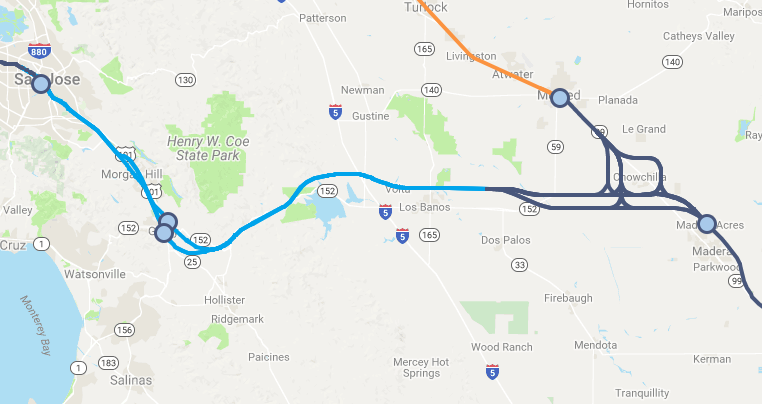 Cost overruns on the Central Valley segment of HSR have drawn questions about completing the connection to the Bay Area (in light blue) by 2025. Image: CaHSRA