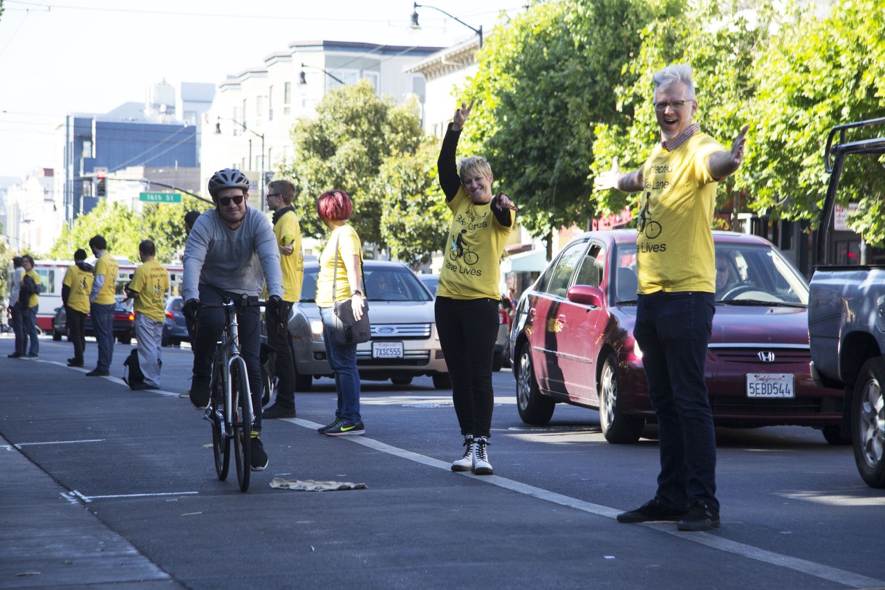 A "People Protected" bike lane protest on Valencia, May 26, 2017. Photo: Brandon Splane