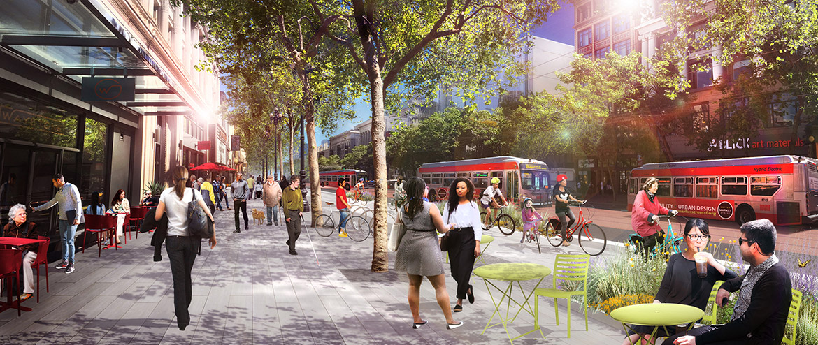 A rendering of how trees, furniture and the bike lane will be arranged under the Better Market Street plan--if NIMBYs and other regressive forces don't kill it. Image: BettermarketstreetSF