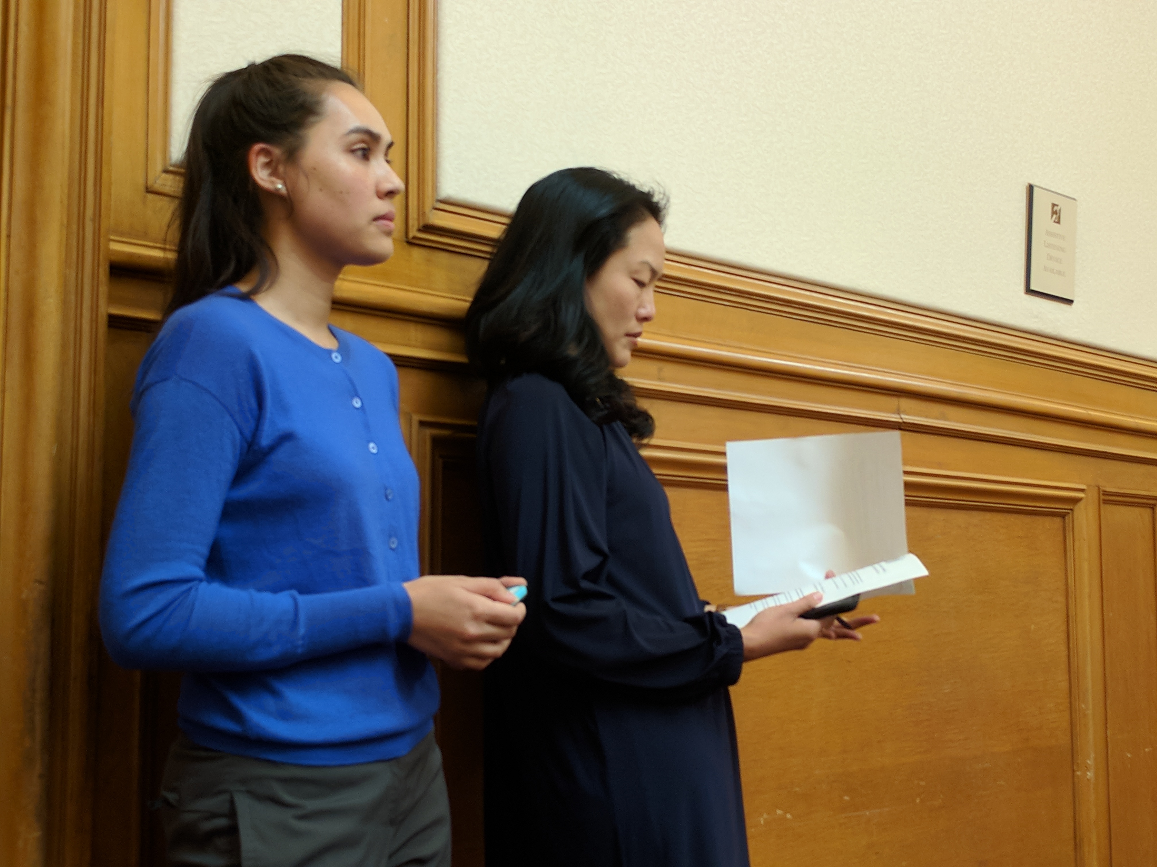 Supervisor Jane Kim waiting to speak to the SFMTA Board. That's her aide Noelle Duong to her right.
