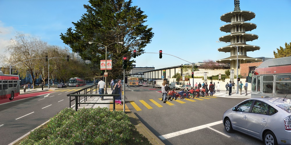 A rendering of the new surface level crosswalks that will help reconnect the neighborhoods. Image: SFMTA
