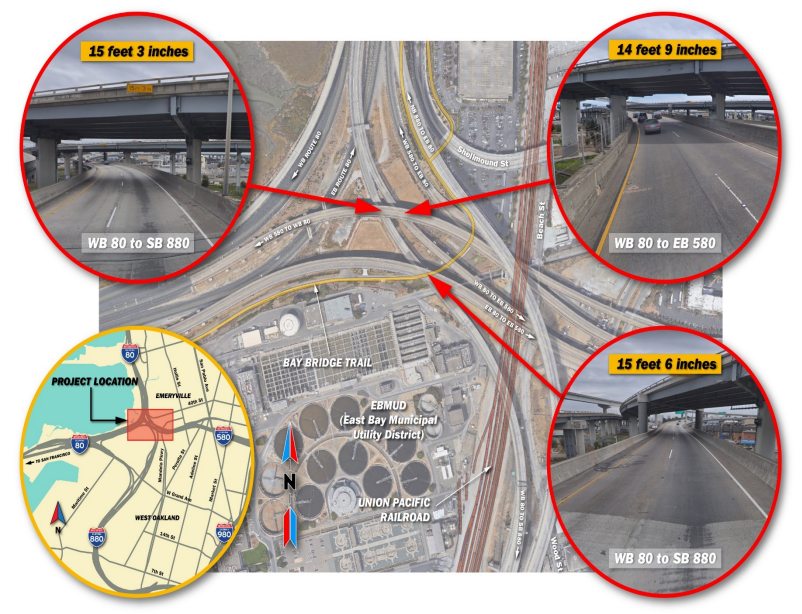 The four alternatives Caltrans is studying to make it easier to drive oversized trucks around the Bay Area. Image: Caltrans