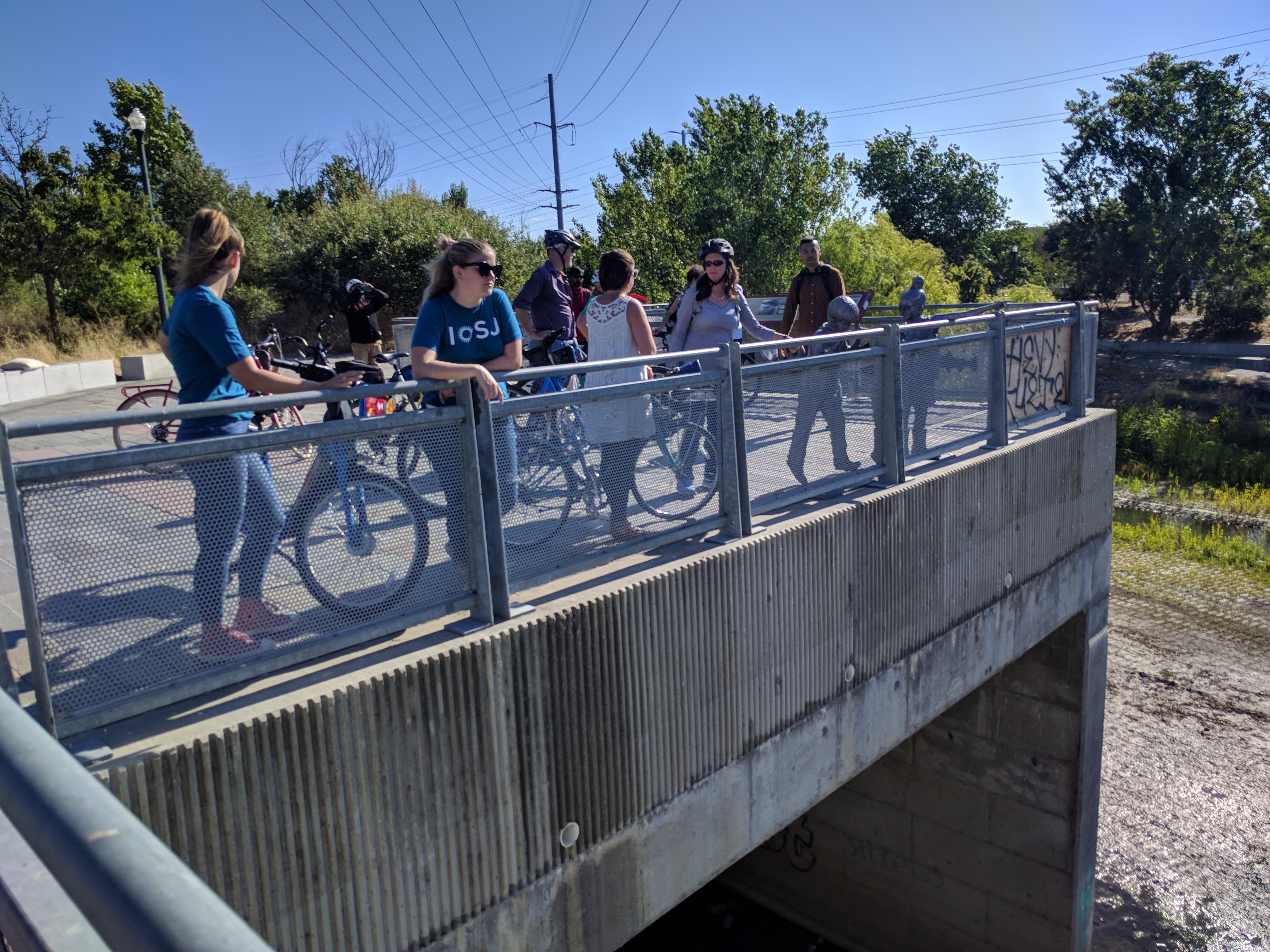 The group crossing one of the many bridges over the river