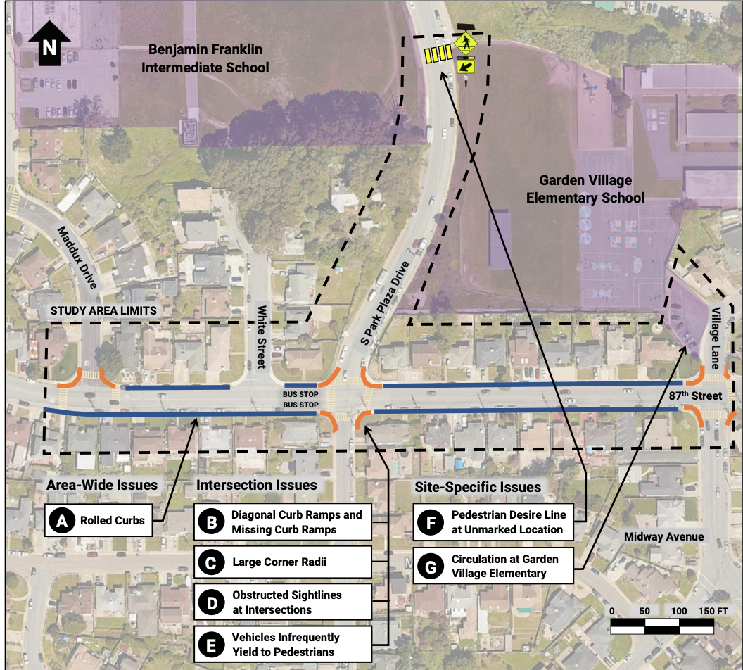 The plan can get into the details of how to provide safe access to individual sites, such as the elementary school and middle school pictured.View the rest of the proposed pedestrian improvements, here.