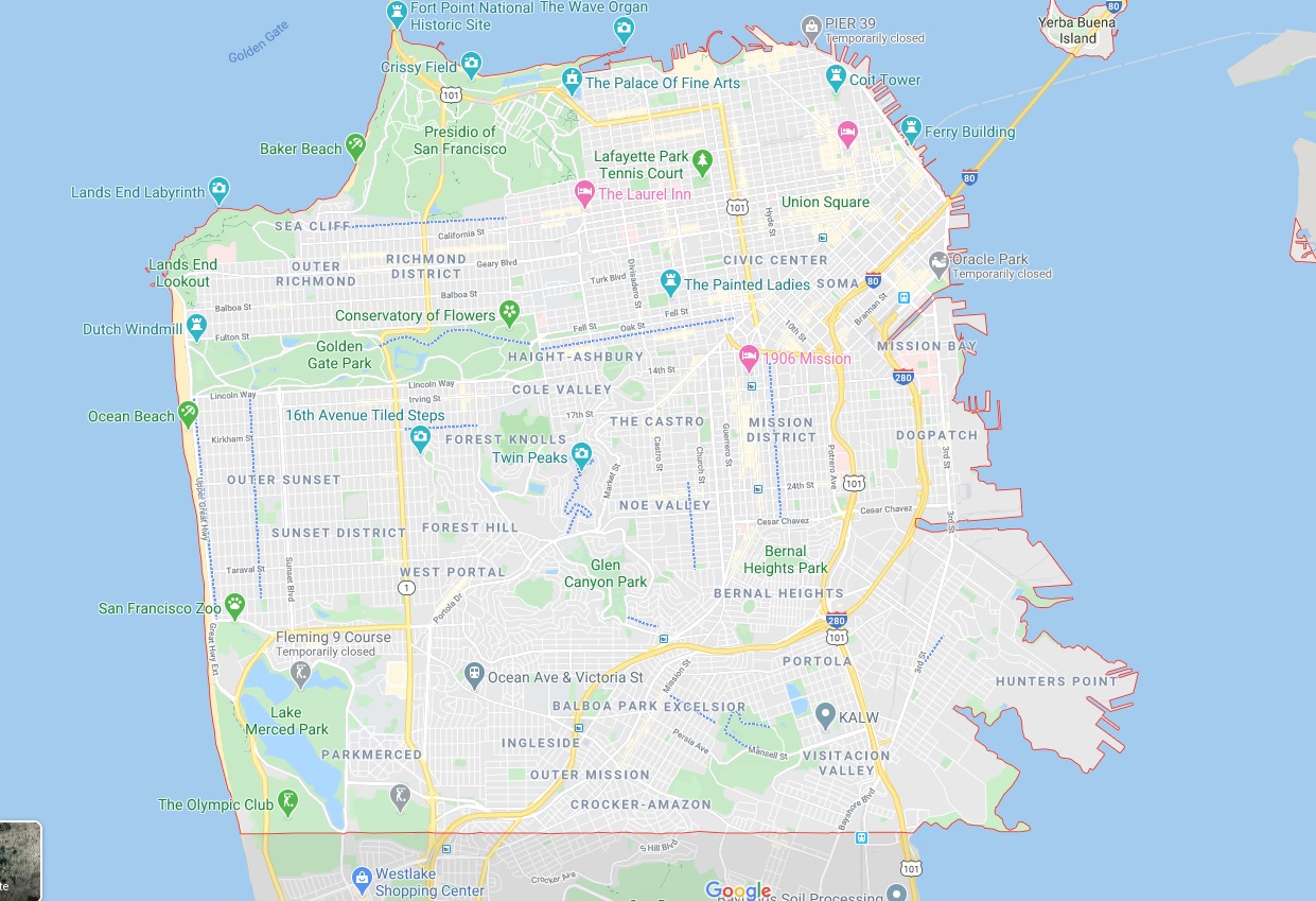 'Slow streets' in San Francisco, in blue dotted lines. Image: Google Maps