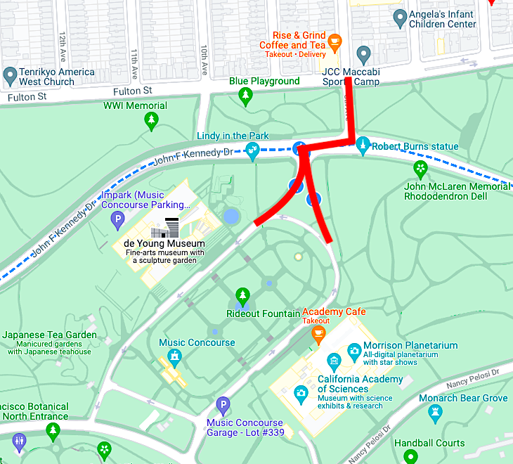 Sup. Connie Chan’s ‘car-free’ JFK plan would reintroduce cars to the road connecting Fulton Street, the museums, and the Music Concourse, which would interrupt the busiest car-free segment of JFK Drive. Image: Google Maps