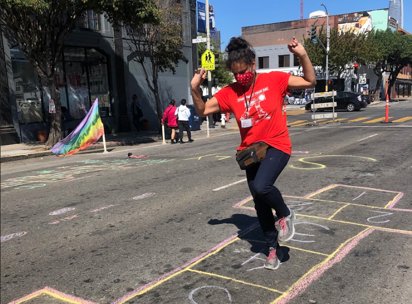 Katy Birnbaum playing hopscotch during SoMa’s Slow Streets.| Photo courtesy of Livable City