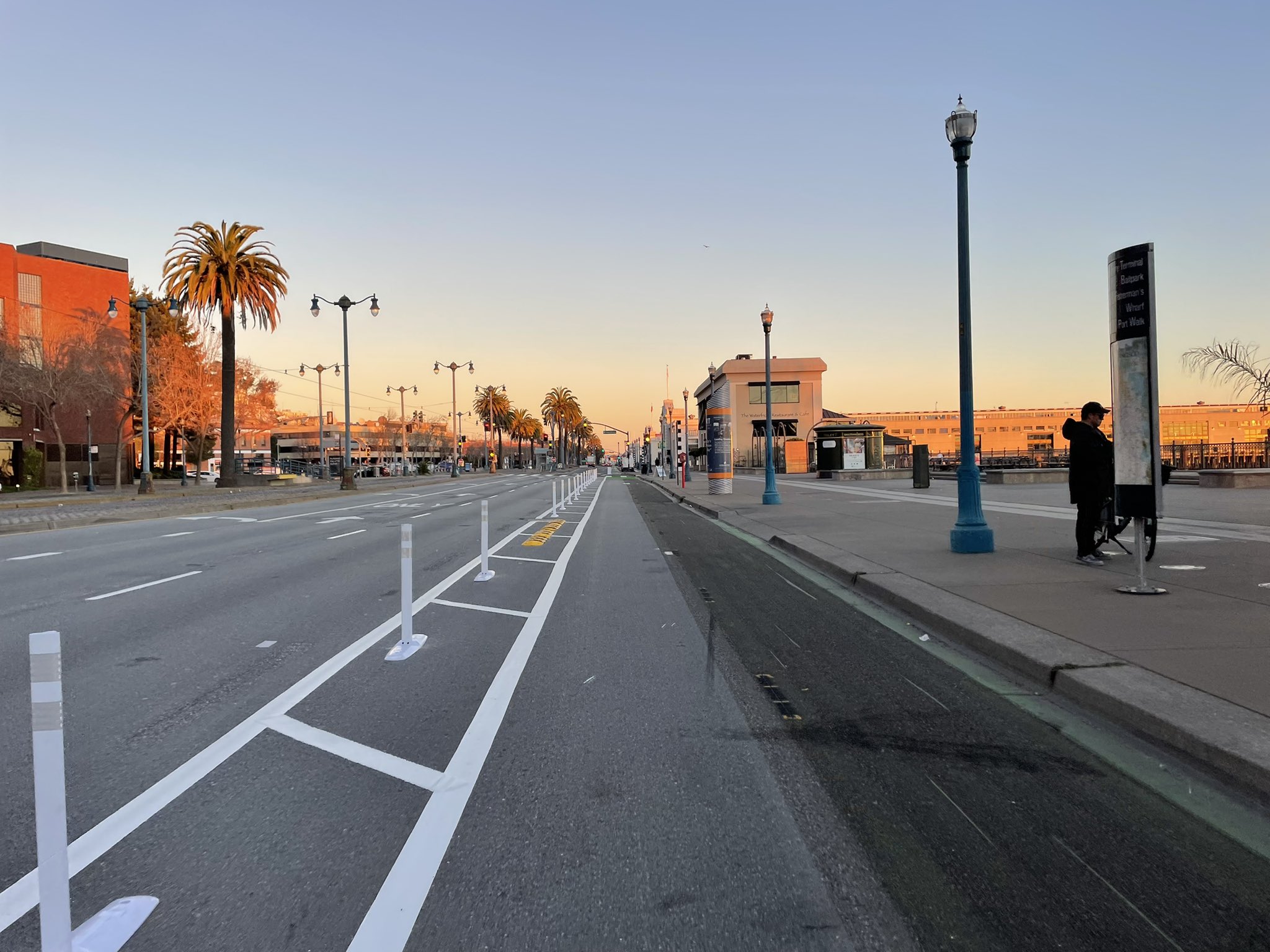 A view of the new flex posts, facing north towards Broadway.