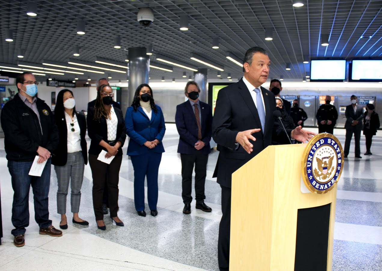 Senator Alex Padilla at Powell BART this morning, about an hour later than planned. Photo: Padilla's office