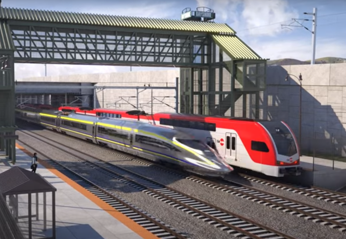 A rendering of an HSR overtaking Caltrain on the Peninsula