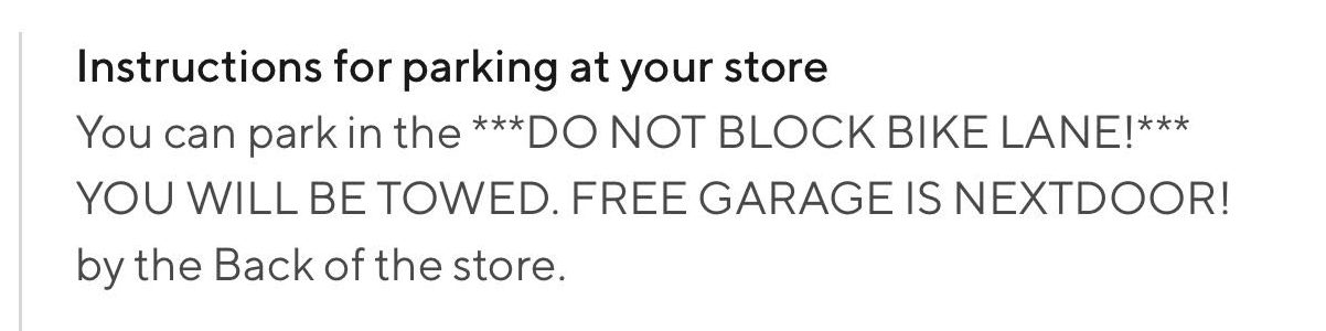 A screenshot of what Doordash drivers see. Despite the formatting issue, it clearly says not to park in the bike lane. Image provided by Schlok