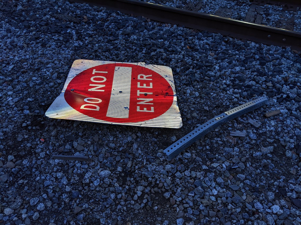 Remains of the sign warning people not to drove onto the train tracks in Jack London Square